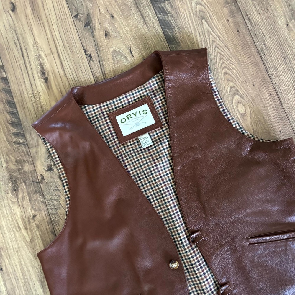 Vintage Orvis Leather Vest Men's Large Brown Plaid Lined Button Front Outdoor